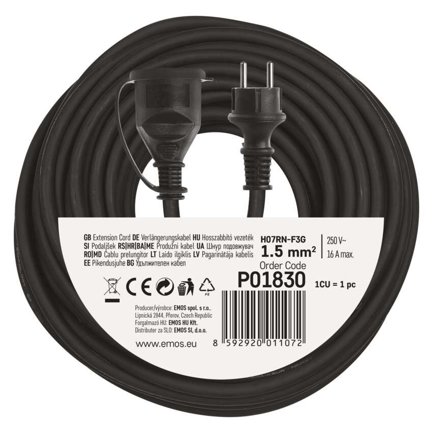 Verlängerungskabel 30 m / 1 Steckdose / schwarz / Gummi-Neopren / 250 V / 1,5 mm2