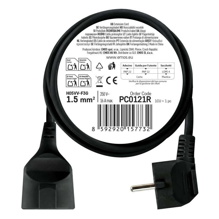 Ilgintuvas 1,5 m / 1 lizdas / juodas / PVC / 1,5 mm2 