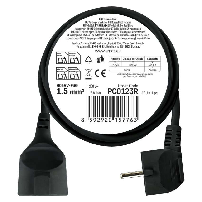 Ilgintuvas 3 m / 1 lizdas / juodas / PVC / 1,5 mm2 