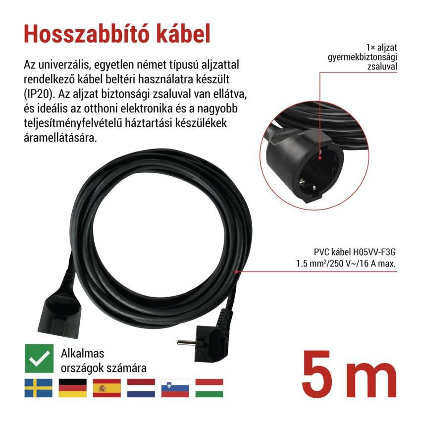 Hosszabbító 5 m / 1 aljzat / fekete / PVC / 1,5 mm2