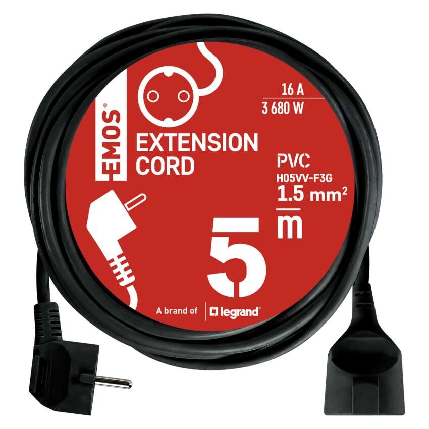 Ilgintuvas 5 m / 1 lizdas / juodas / PVC / 1,5 mm2 