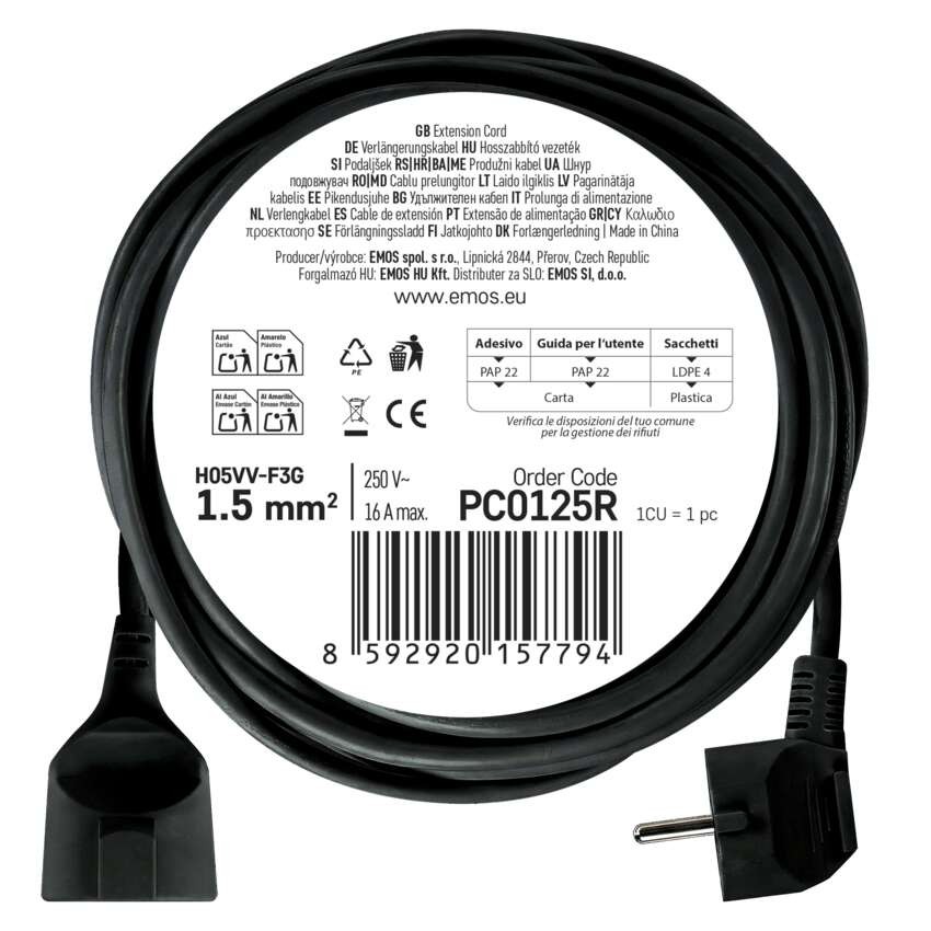 Ilgintuvas 5 m / 1 lizdas / juodas / PVC / 1,5 mm2 