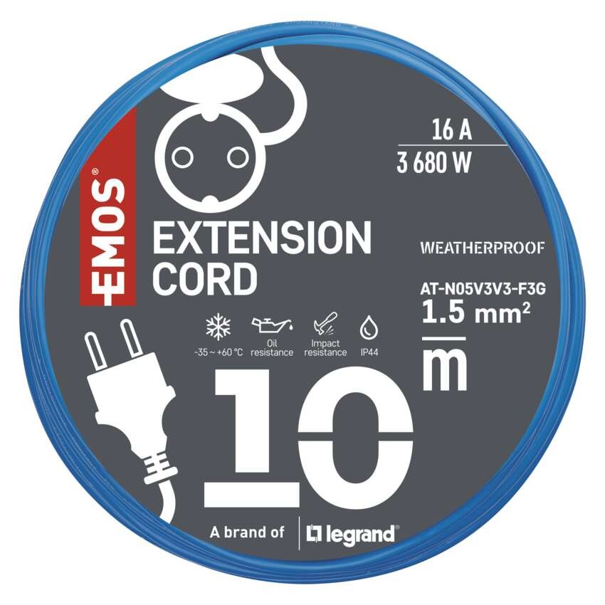 Vremensko odporen podaljševalni kabel 10 m / 1 vtičnica / črna / PVC / 230 V / 1,5 mm2