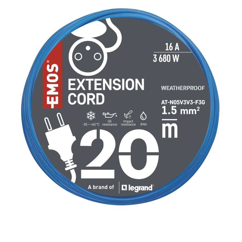 Wetterfestes Verlängerungskabell 20 m / 1 Steckdose / blau / PVC / 230 V / 1,5 mm2