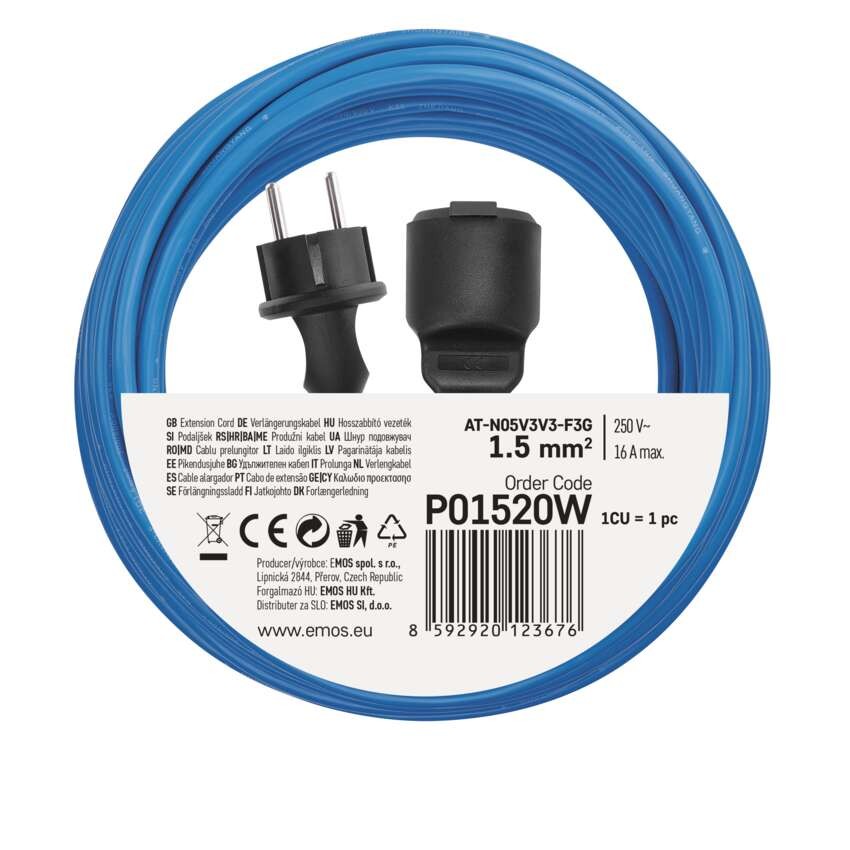 Wetterfestes Verlängerungskabell 20 m / 1 Steckdose / blau / PVC / 230 V / 1,5 mm2