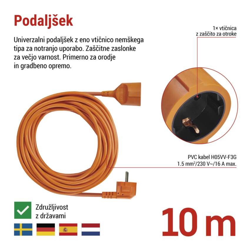 Trožilni podaljšek 10 m / 1 vtičnica / PVC / 230V / 1,5 mm2
