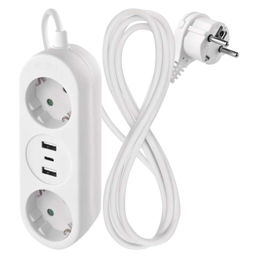 Pagarinātājs 1,4 m / 2 kontaktligzdas + 2×USB-A+1×USB-C / balts / PVC / 1,5 mm2