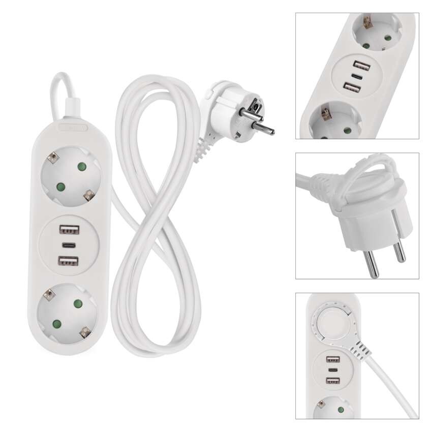 Pagarinātājs 1,4 m / 2 kontaktligzdas + 2×USB-A+1×USB-C / balts / PVC / 1,5 mm2