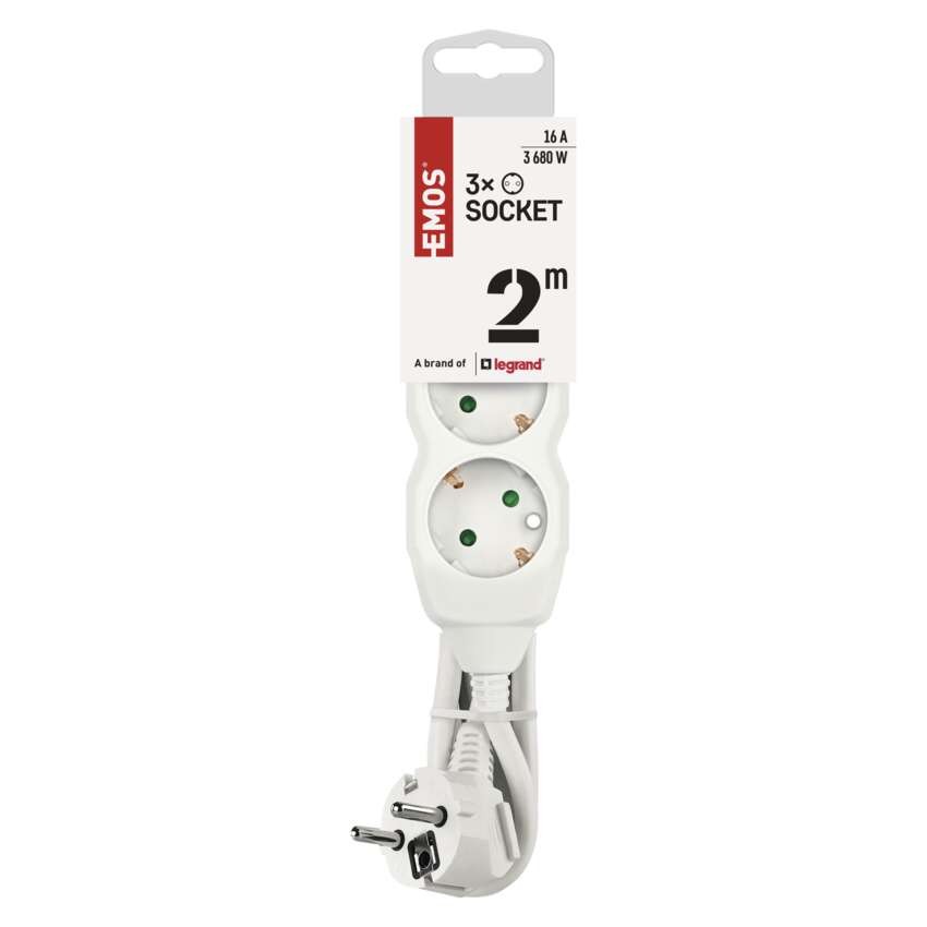 Hosszabbító 2 m / 3 aljzat / fehér / PVC / 1 mm2