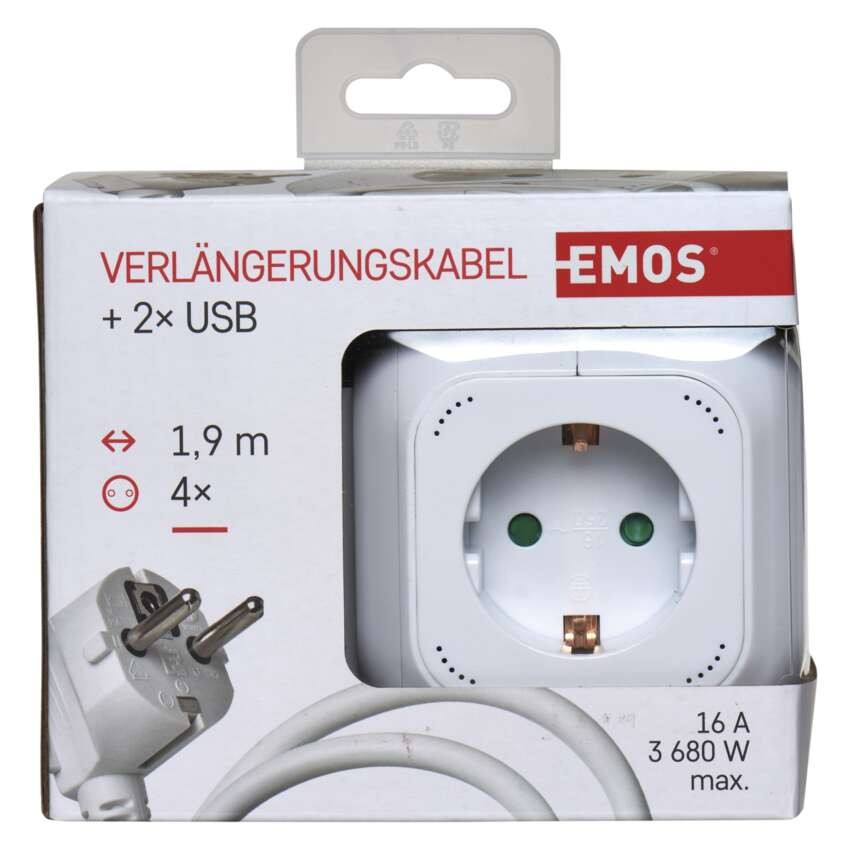 Podaljšek - kocka 1,9 m / 4 vtičnice / beli / PVC / z USB / 1,5 mm2