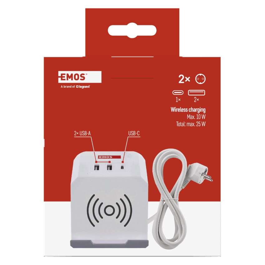 Steckdosenwürfel 2 m / 2 Steckdosen / weiß / 2×USB-A+1×USB-C+Qi / 1,5 mm2