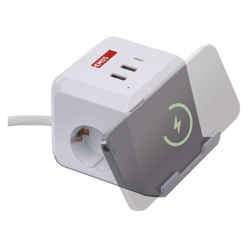 Steckdosenwürfel 2 m / 2 Steckdosen / weiß / 2×USB-A+1×USB-C+Qi / 1,5 mm2