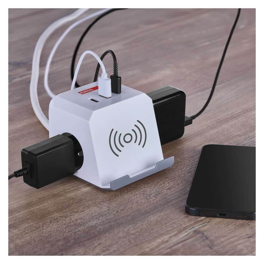 Steckdosenwürfel 2 m / 2 Steckdosen / weiß / 2×USB-A+1×USB-C+Qi / 1,5 mm2