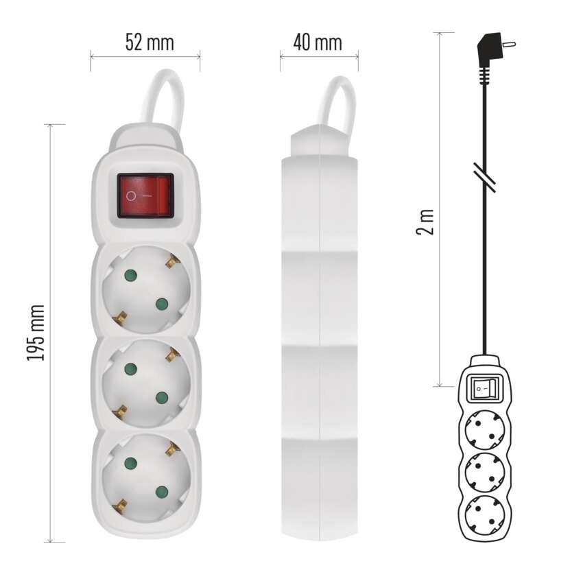 Hosszabbító 2 m / 3 aljzat / kapcsolós / fehér / PVC / 1 mm2