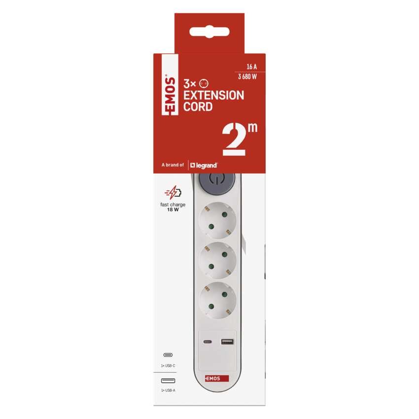 Hosszabbító 2 m / 3 aljzat / kapcsolós / fehér / 1× USB-A + 1× USB-C  / 1,5 mm2