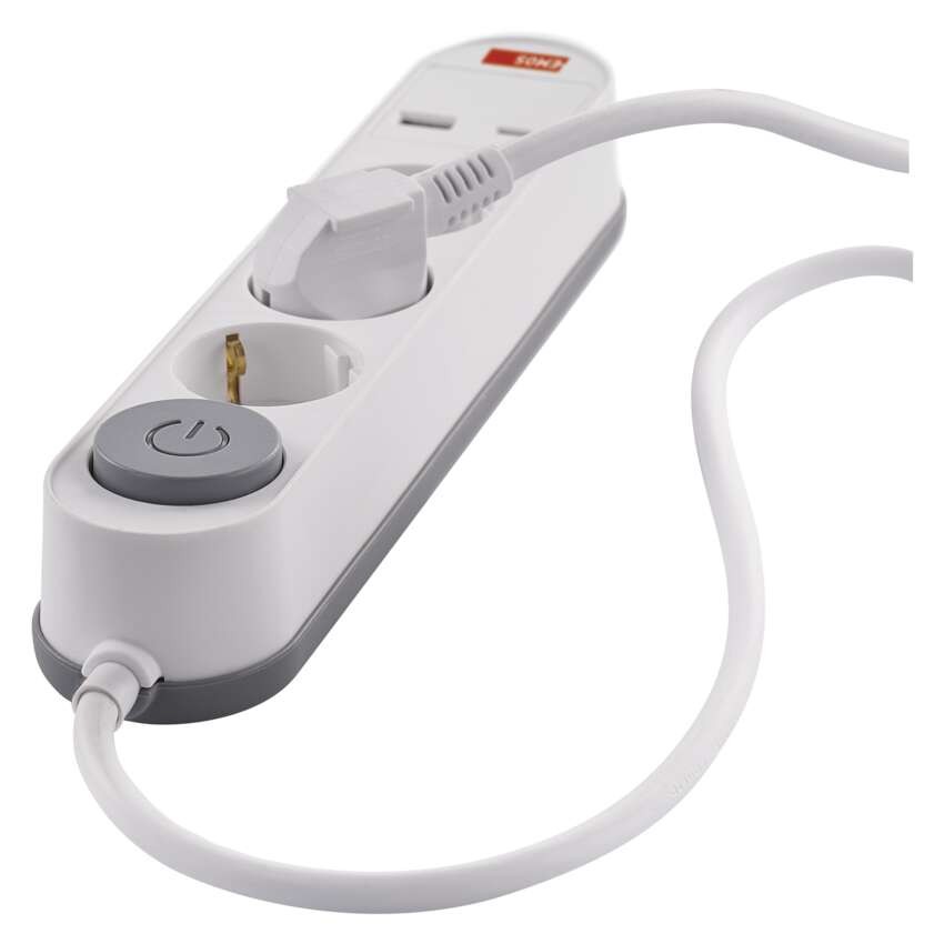 Hosszabbító 2 m / 3 aljzat / kapcsolós / fehér / 1× USB-A + 1× USB-C  / 1,5 mm2