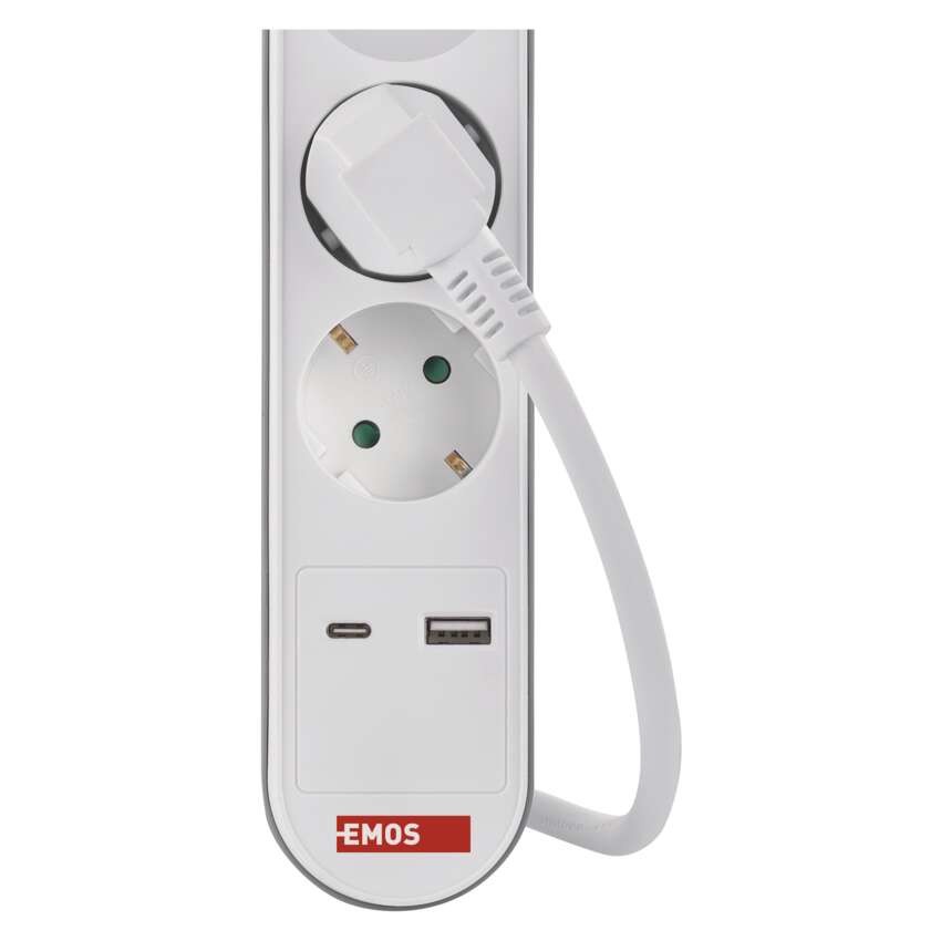 Hosszabbító 2 m / 3 aljzat / kapcsolós / fehér / 1× USB-A + 1× USB-C  / 1,5 mm2