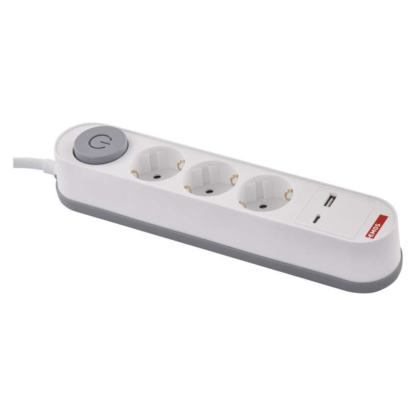 Hosszabbító 2 m / 3 aljzat / kapcsolós / fehér / 1× USB-A + 1× USB-C  / 1,5 mm2