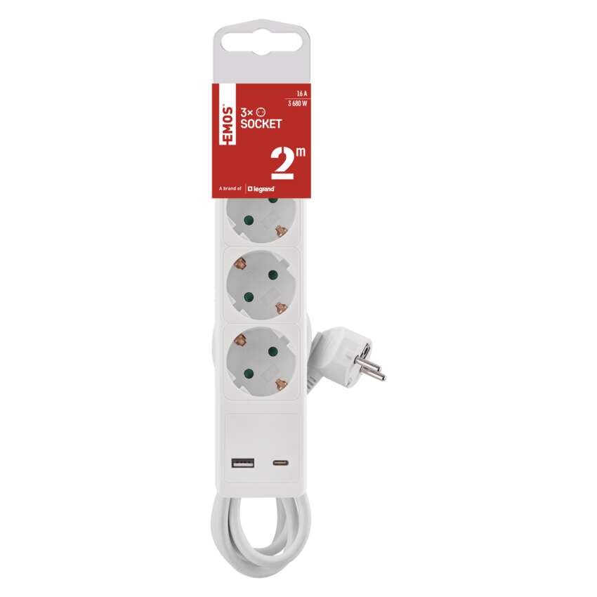 Hosszabbító 2 m / 3 aljzat / kapcsolós / fehér / 1× USB-A + 1× USB-C  / 1,5 mm2