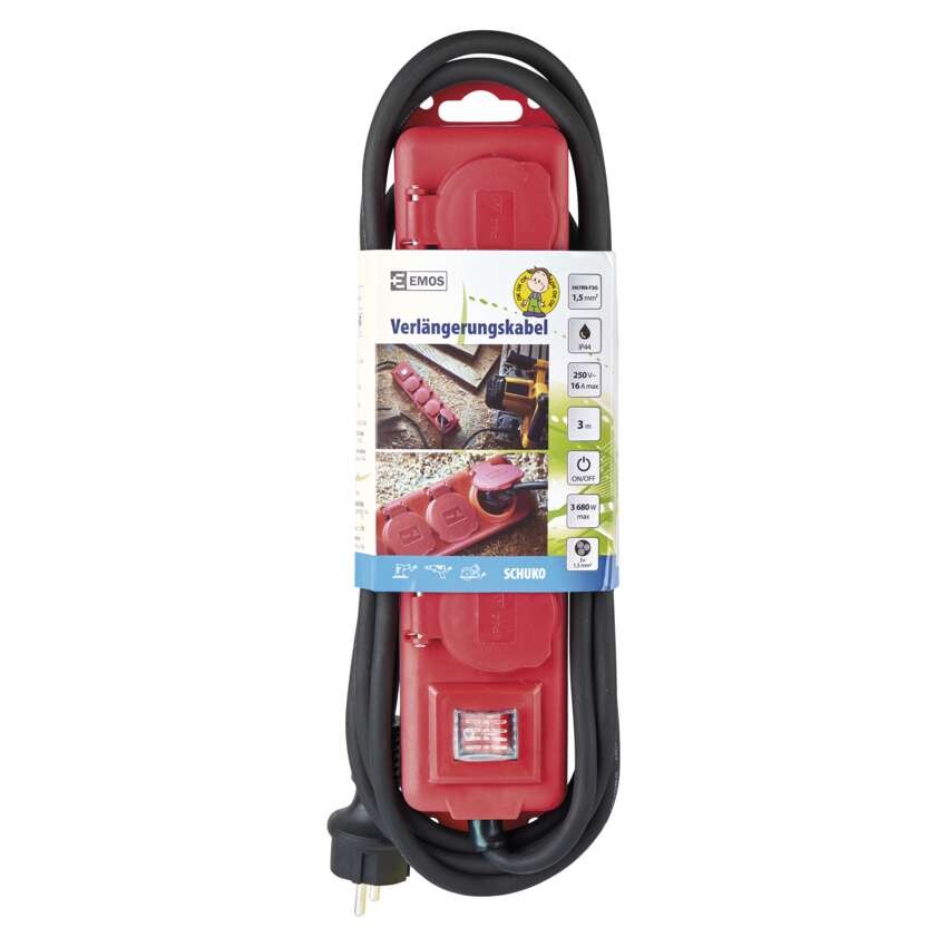 Steckdosenleiste  3 m / 4 Steckdosen / Schalter / rot / Gummi-Neopren / 1,5 m2
