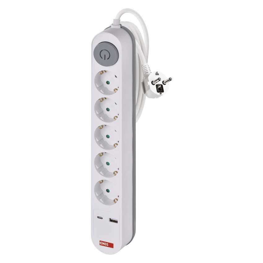 Pagarinātājs, 3 m / 5 kontaktligzdas / ar slēdzi / balts / 1× USB-A + 1× USB-C / 1,5 mm2