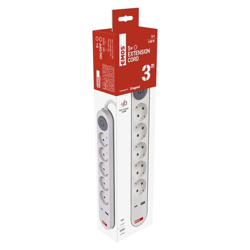 Pagarinātājs, 3 m / 5 kontaktligzdas / ar slēdzi / balts / 1× USB-A + 1× USB-C / 1,5 mm2