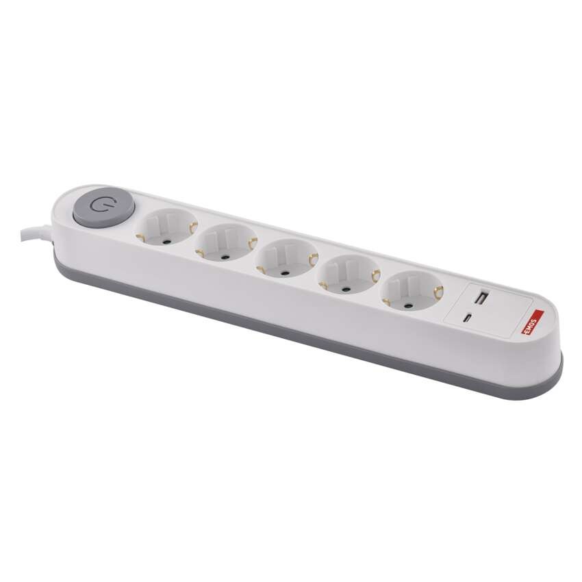Pagarinātājs, 3 m / 5 kontaktligzdas / ar slēdzi / balts / 1× USB-A + 1× USB-C / 1,5 mm2