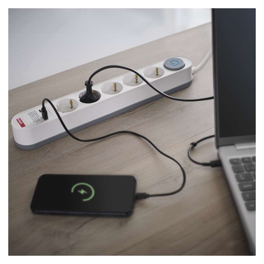Pagarinātājs, 3 m / 5 kontaktligzdas / ar slēdzi / balts / 1× USB-A + 1× USB-C / 1,5 mm2
