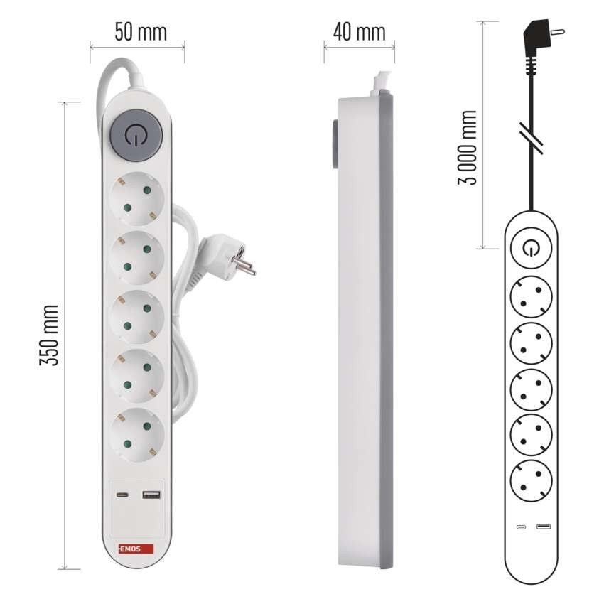 Pagarinātājs, 3 m / 5 kontaktligzdas / ar slēdzi / balts / 1× USB-A + 1× USB-C / 1,5 mm2