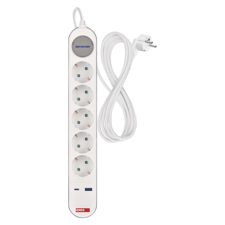 Steckdosenleiste 3 m / 5 Steckdosen / Schalter / weiß-grau / 1×USB-A + 1×USB-C / 1,5 mm2