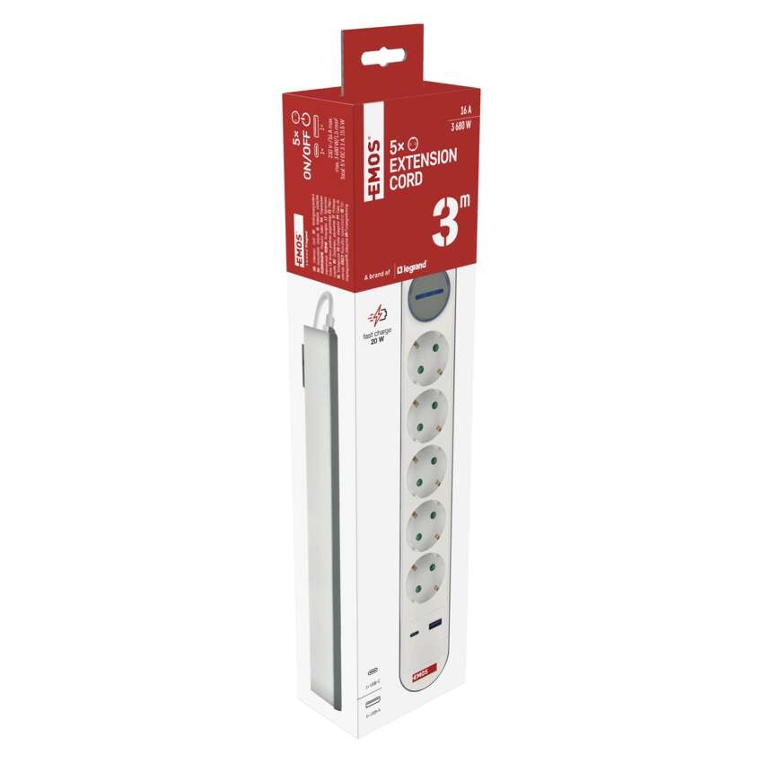 Steckdosenleiste 3 m / 5 Steckdosen / Schalter / weiß-grau / 1×USB-A + 1×USB-C / 1,5 mm2