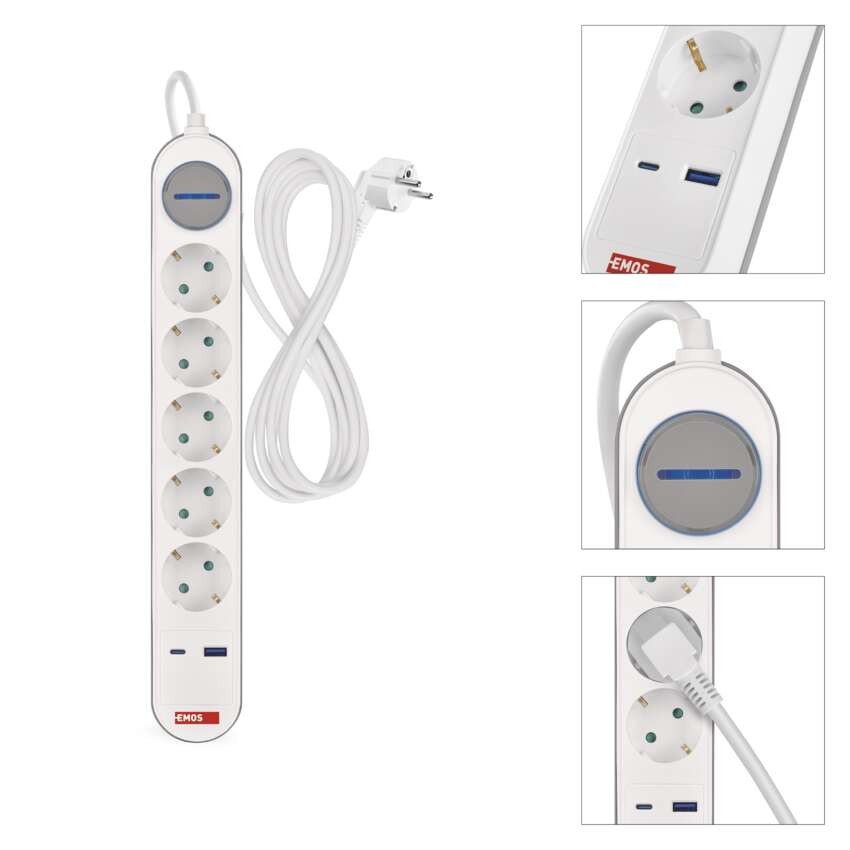 Steckdosenleiste 3 m / 5 Steckdosen / Schalter / weiß-grau / 1×USB-A + 1×USB-C / 1,5 mm2