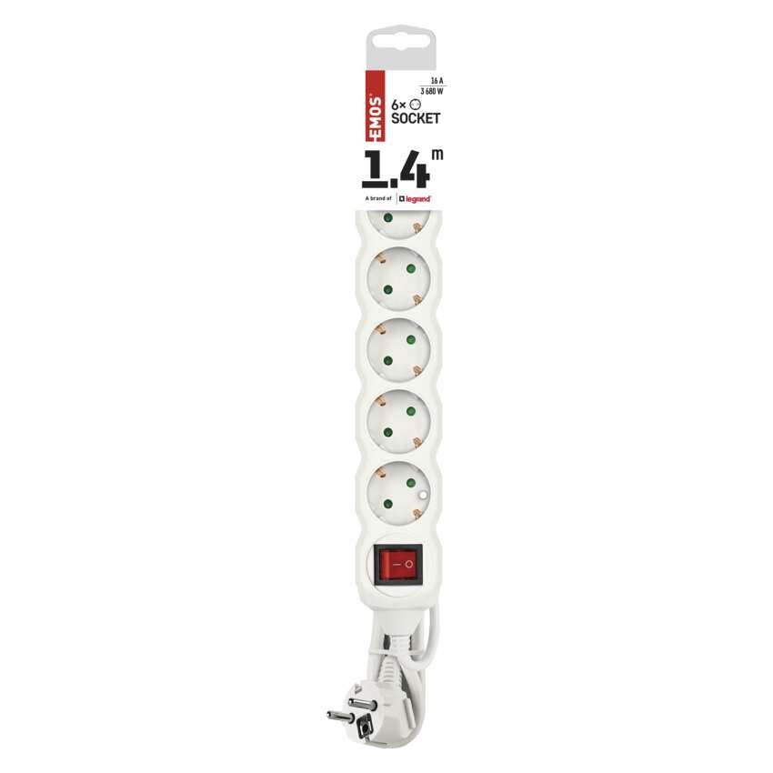 Prailginimo laidas 1,4 m / 6 lizdai / baltas / PVC / 1 mm2