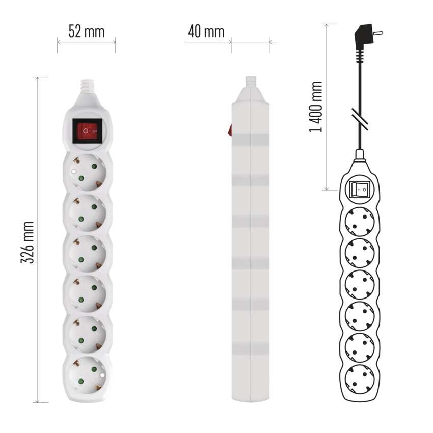 Prailginimo laidas 1,4 m / 6 lizdai / baltas / PVC / 1 mm2