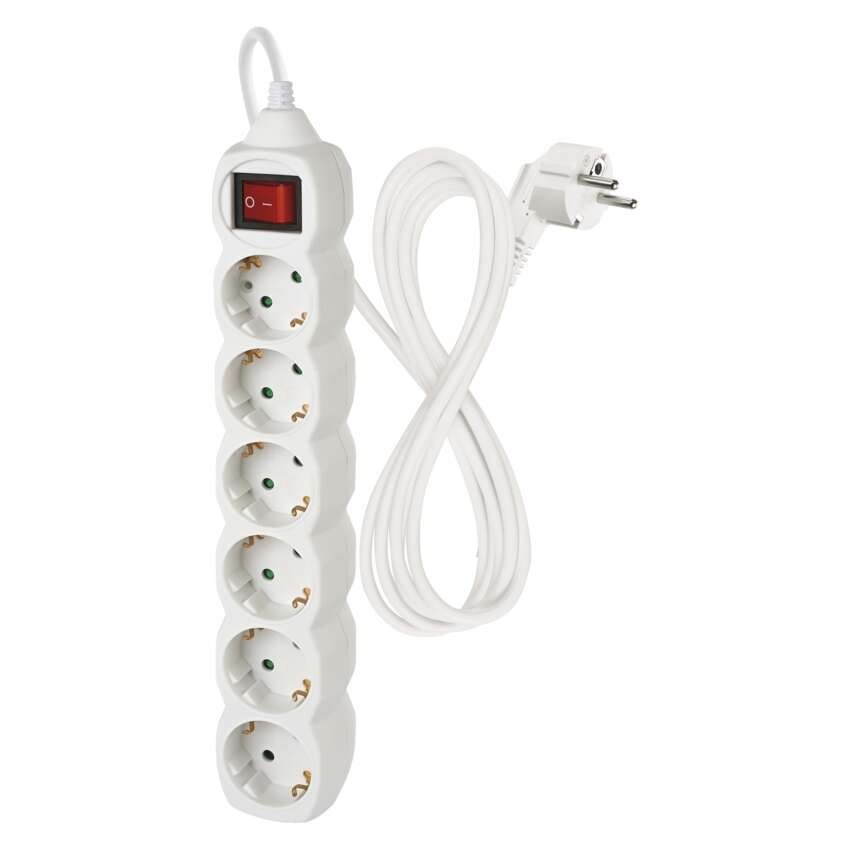 Pagarinātājs, 2 m / 6 kontaktligzdas / ar slēdzi / balts / PVH / 1 mm2