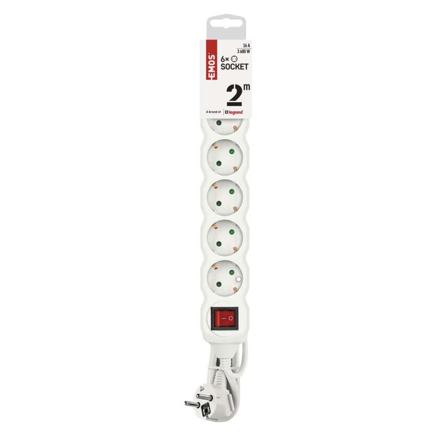 Pagarinātājs, 2 m / 6 kontaktligzdas / ar slēdzi / balts / PVH / 1 mm2