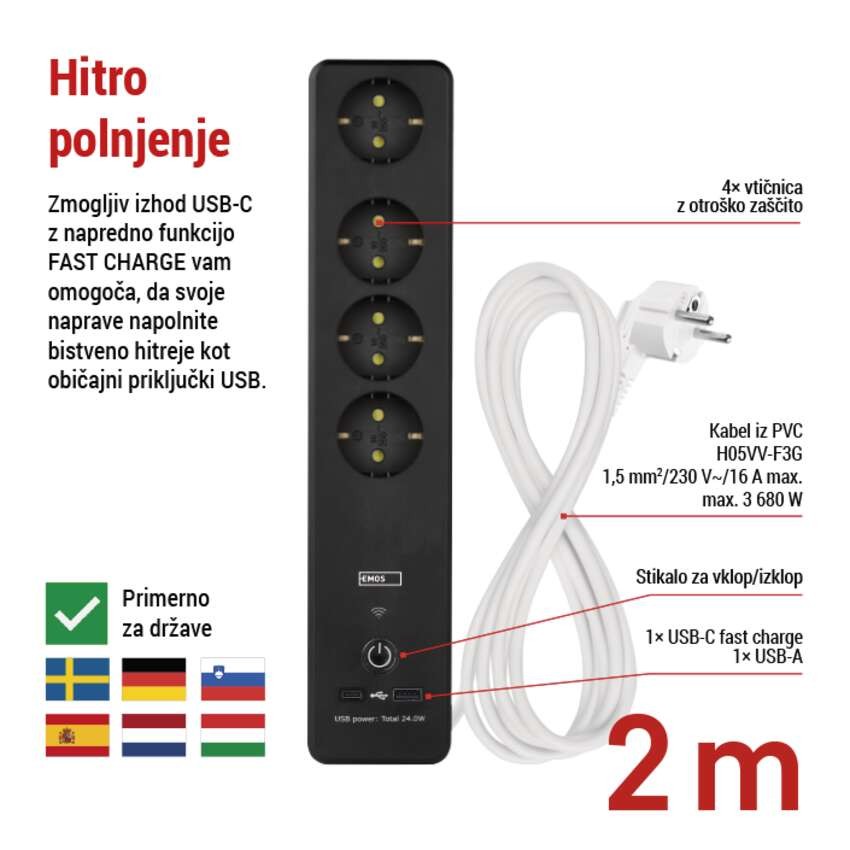 GoSmart podaljšek 2 m / 4 vtičnice / s stikalom / USB / belo-črni / PVC / 1,5 mm2
