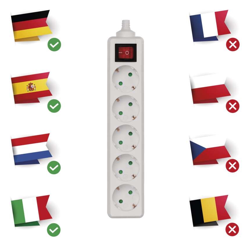 Steckdosenleiste ohne Kabel, 5 Steckdosen, Schalter SCHUKO
