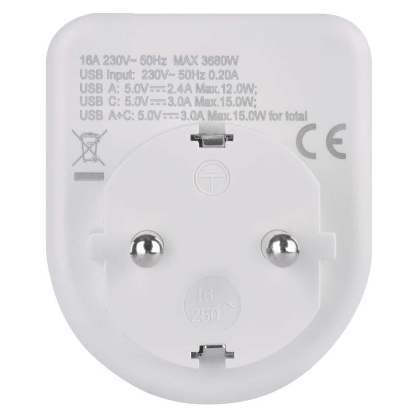 Daugiafunkcinė rozetė 1×, 1×USB-A + 1×USB-C, balta