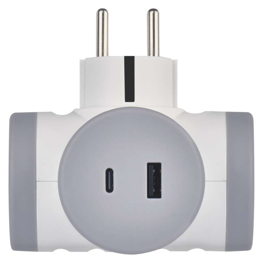 Mehrfachsteckdose 2×, 1×USB-A+1×USB-C, weiß-grau