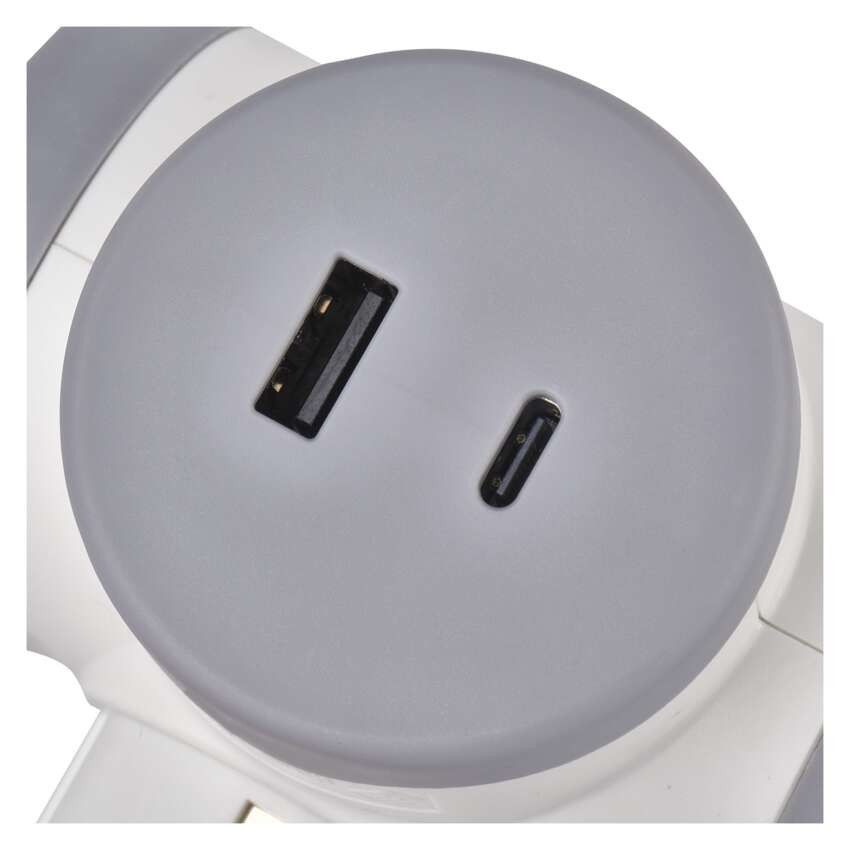 Mehrfachsteckdose 2×, 1×USB-A+1×USB-C, weiß-grau