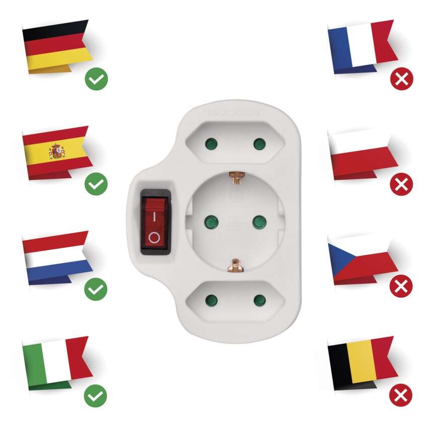 Lülitiga mitmikpistikupesa, 2x jada + 1x ümar