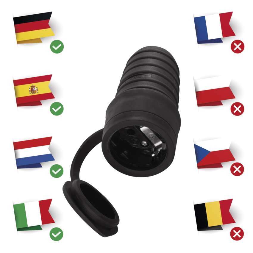IP44 Gummi-Steckdose Schuko, schwarz