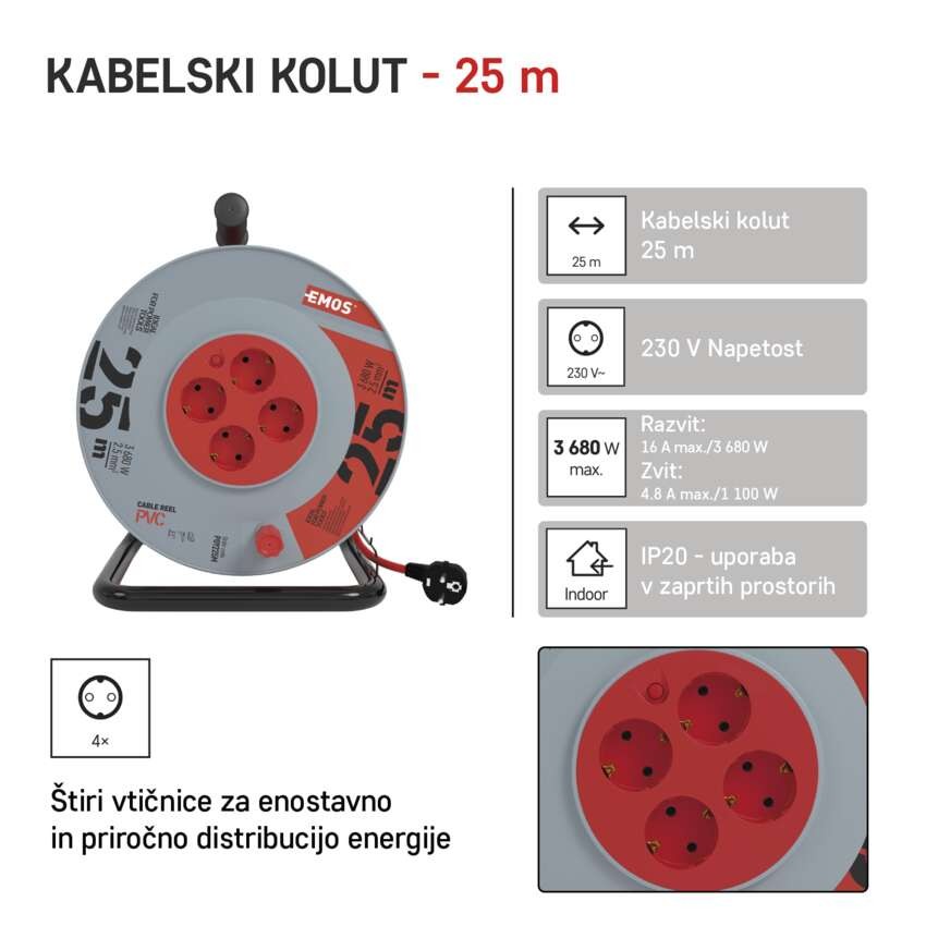 Kolutni podaljšek 25 m / 4 vtičnice / črni / PVC / 230 V / 2,5 mm2