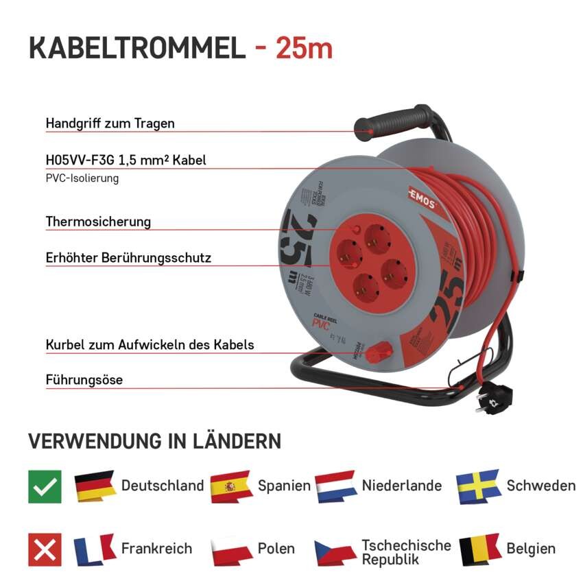 PVC Kabeltrommel – 4 Steckdosen, 25m, 2,5mm2 SCHUKO