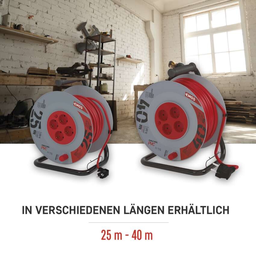PVC Kabeltrommel – 4 Steckdosen, 25m, 2,5mm2 SCHUKO