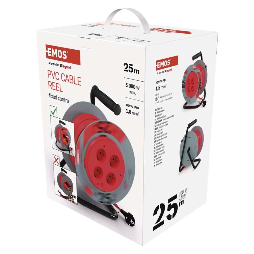 PVC Kabeltrommel mit fester Mitte – 4 Steckdosen 25m 1,5mm2 SCHUKO