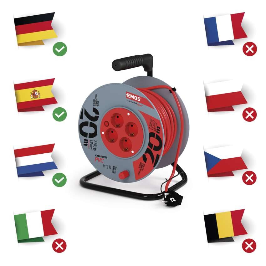 Ilginamojo kabelio ritė 20 m / 4 lizdai / raudona / PVC / 230 V / 1 mm2 