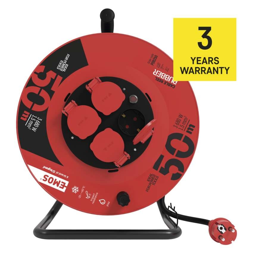 Gummi-Kabeltrommel – 4 Steckdosen, 50m, 1,5mm2 
