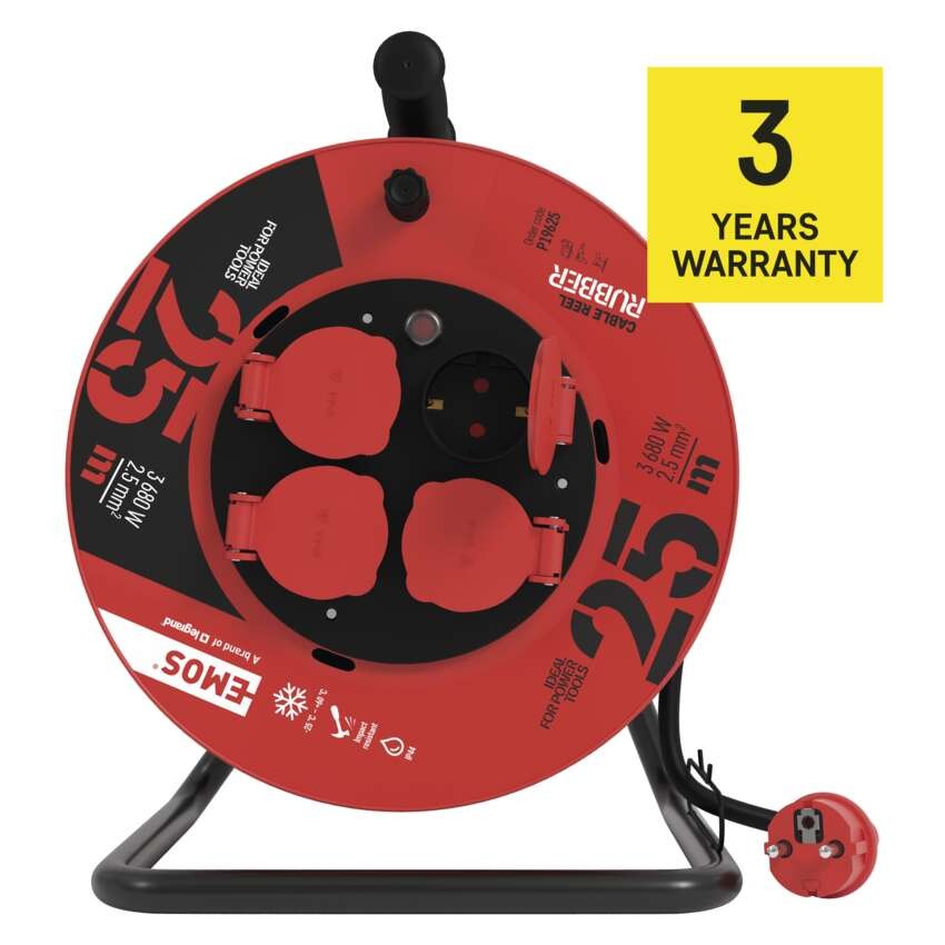 Gummi-Kabeltrommel – 4 Steckdosen, 25m, 2,5mm2 